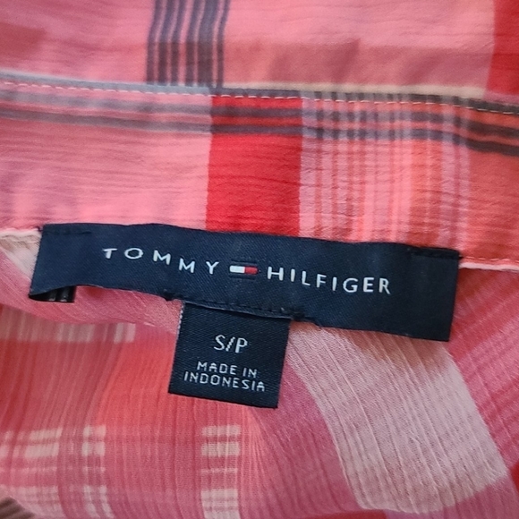 Tommy Hilfiger Semi Sheer Plaid Long Sleeve Button-Up Size Small Pink White - Picture 3 of 6